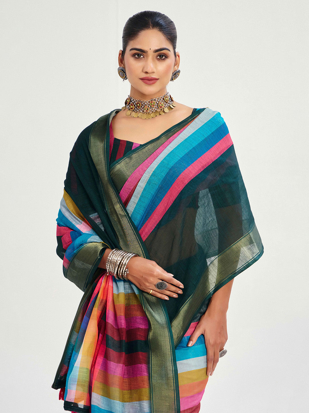 Urban Pallu Striped Silk Blend Fusion Saree