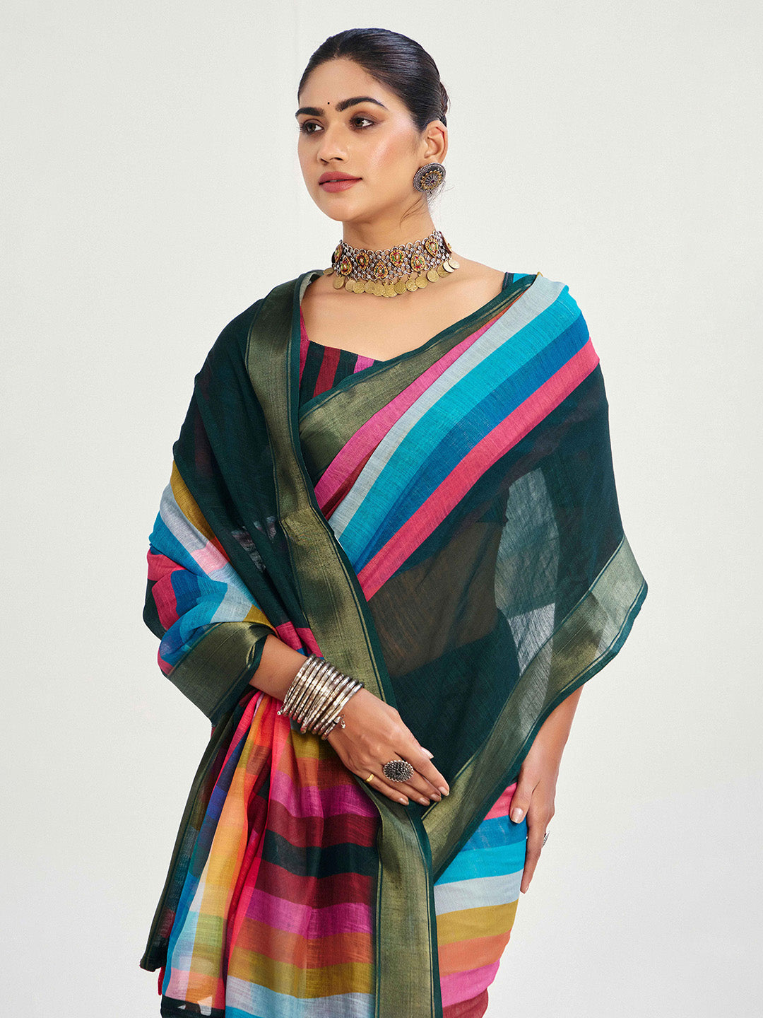 Urban Pallu Striped Silk Blend Fusion Saree