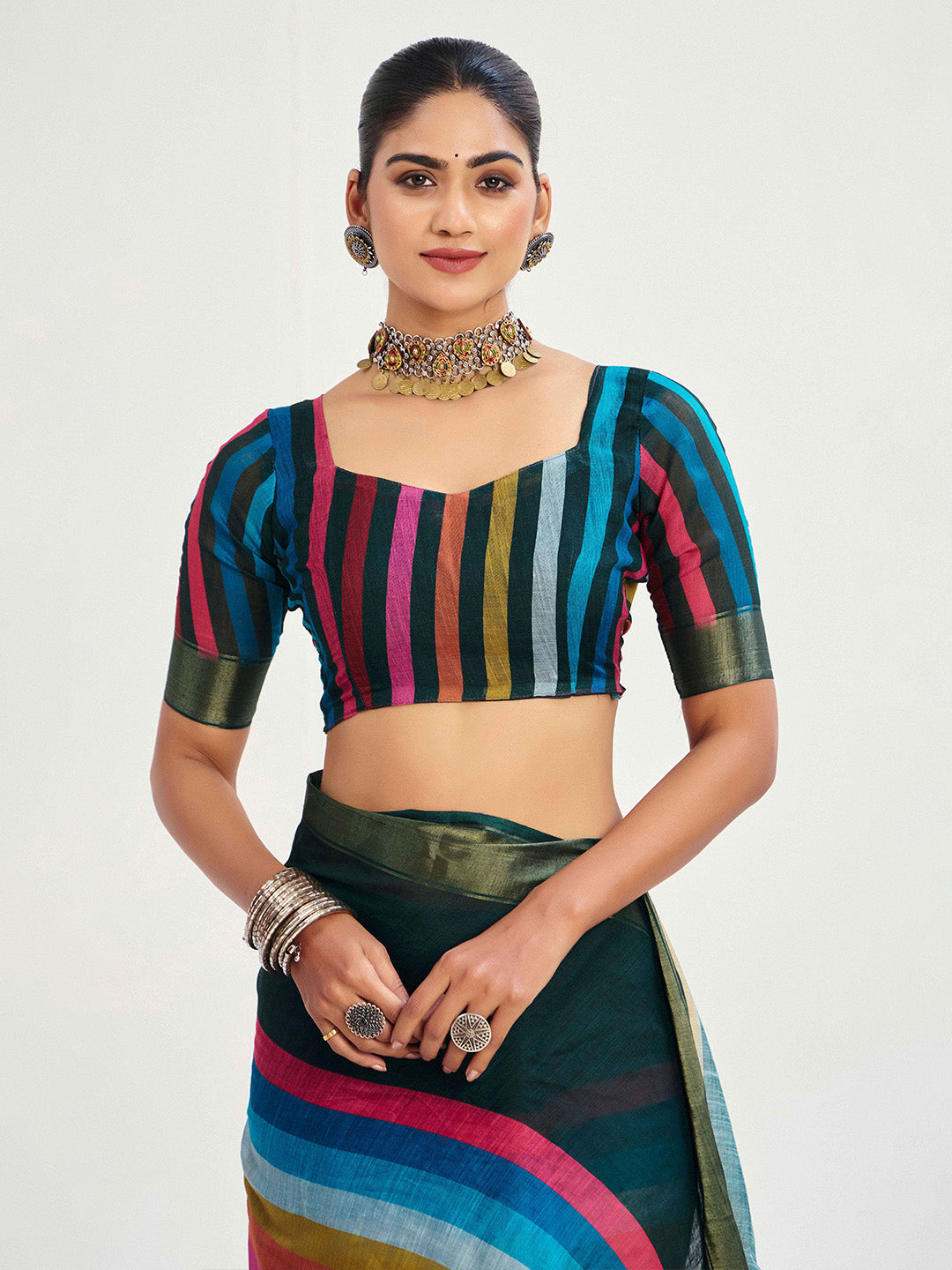 Urban Pallu Striped Silk Blend Fusion Saree