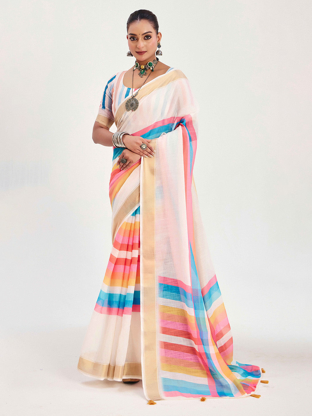 Urban Pallu Striped Silk Blend Fusion Saree