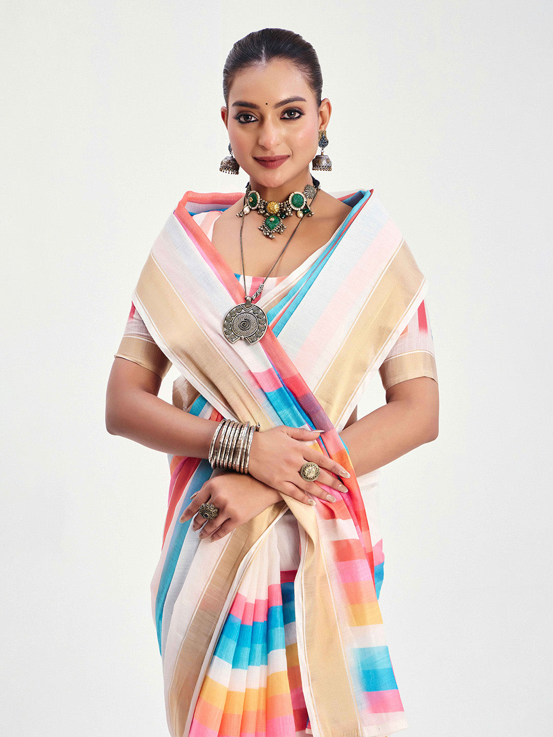 Urban Pallu Striped Silk Blend Fusion Saree