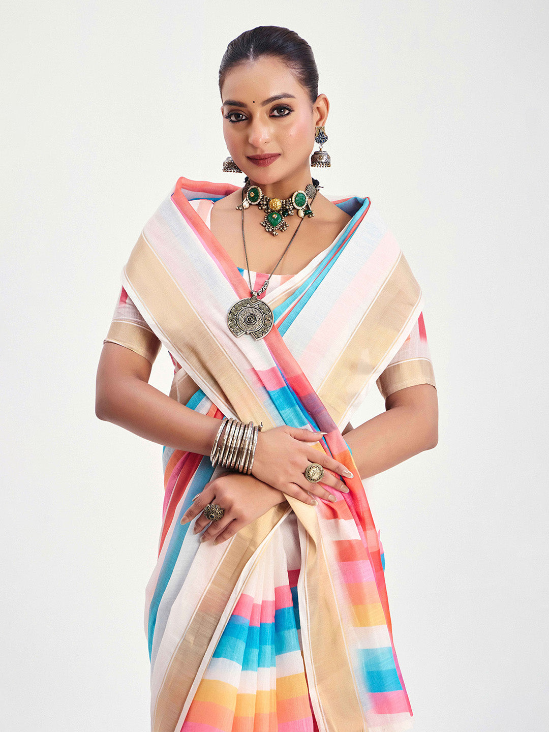 Urban Pallu Striped Silk Blend Fusion Saree