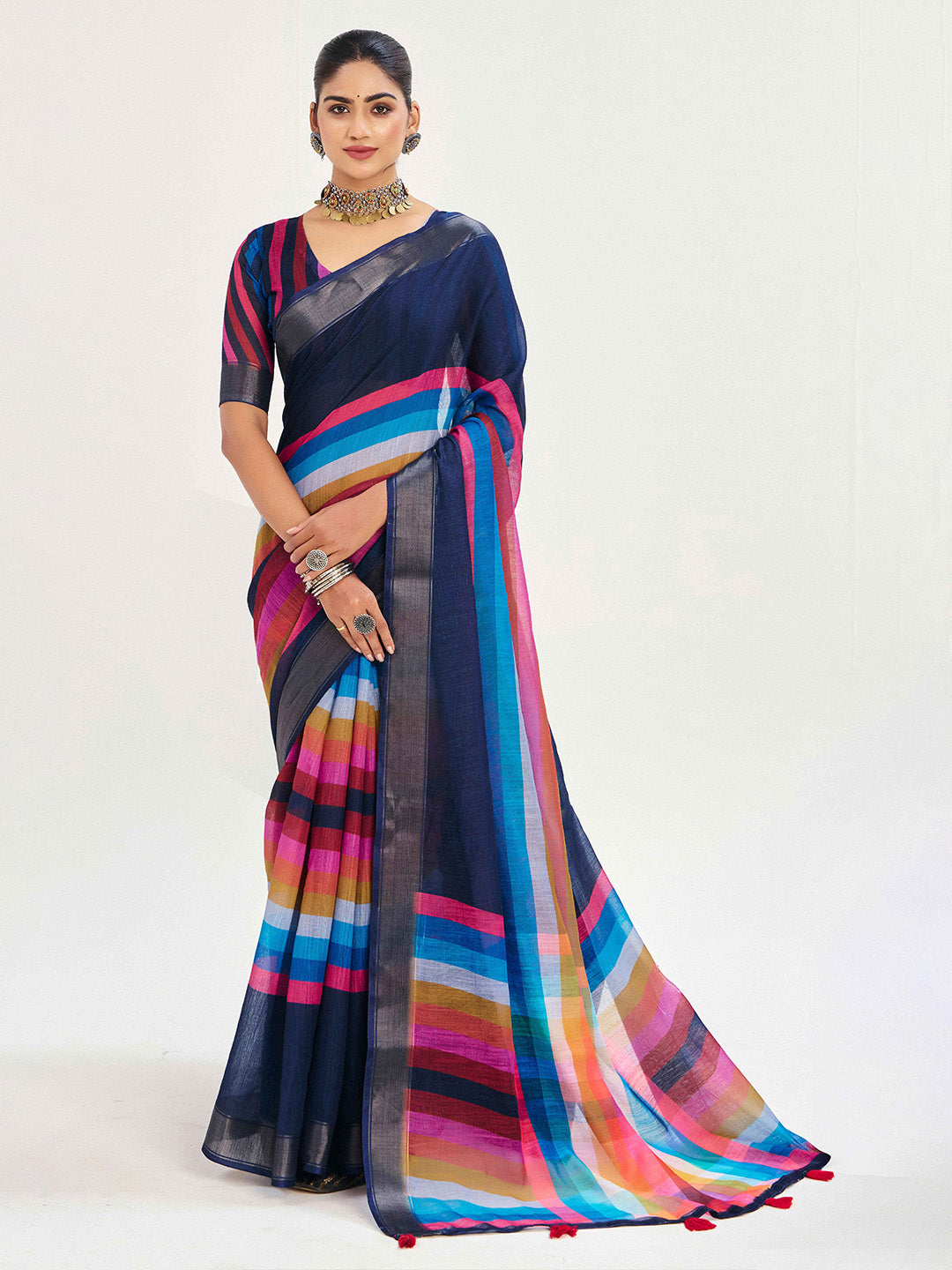 Urban Pallu Striped Silk Blend Fusion Saree