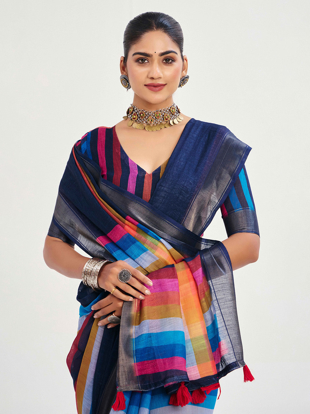 Urban Pallu Striped Silk Blend Fusion Saree