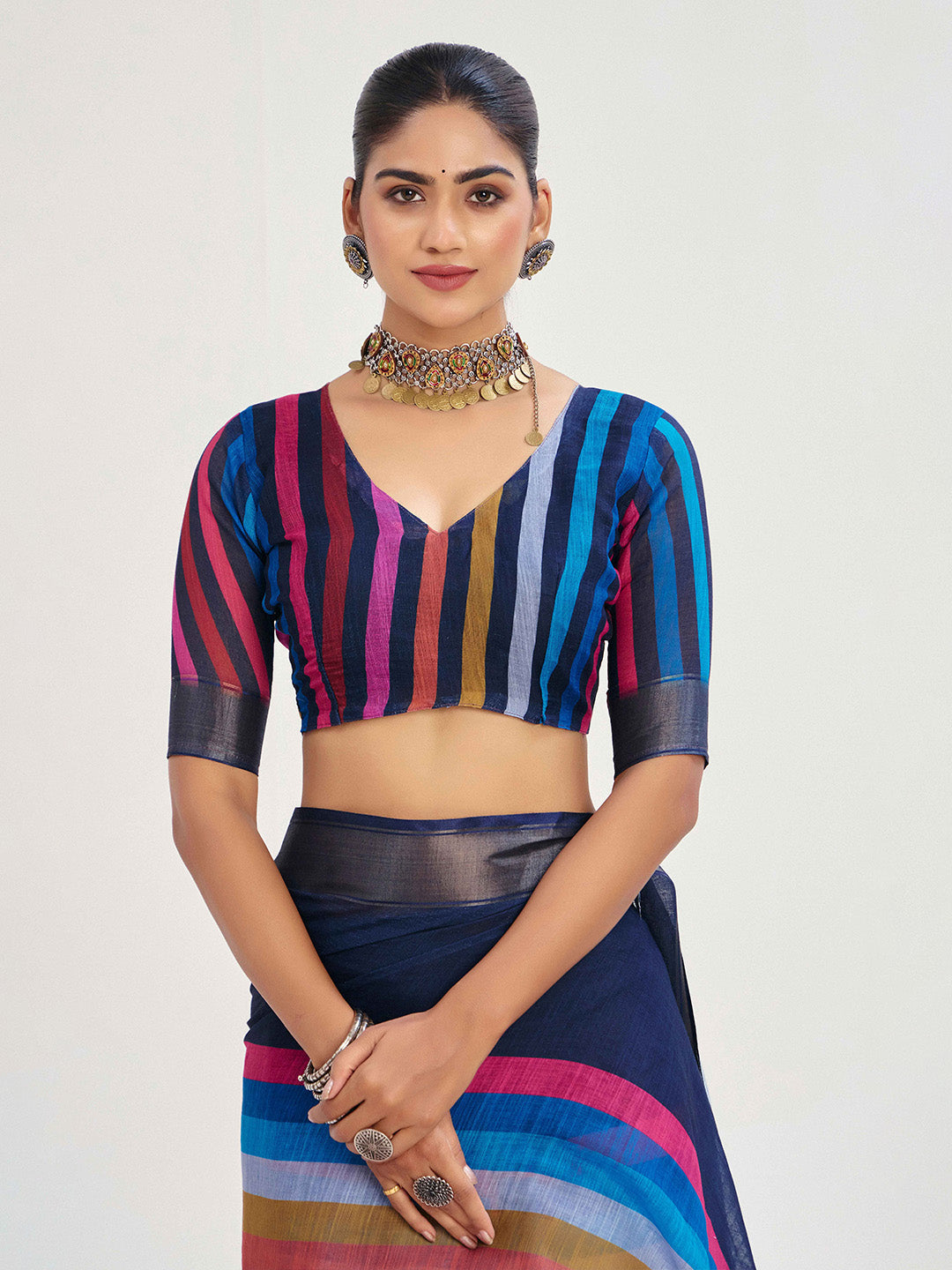 Urban Pallu Striped Silk Blend Fusion Saree
