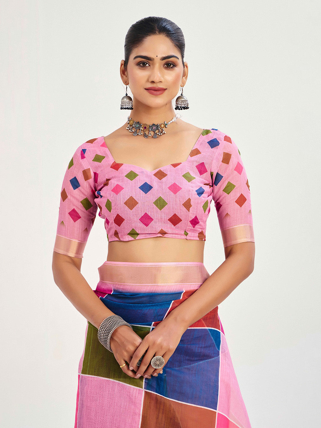 Urban Pallu Checked Silk Blend Fusion Saree