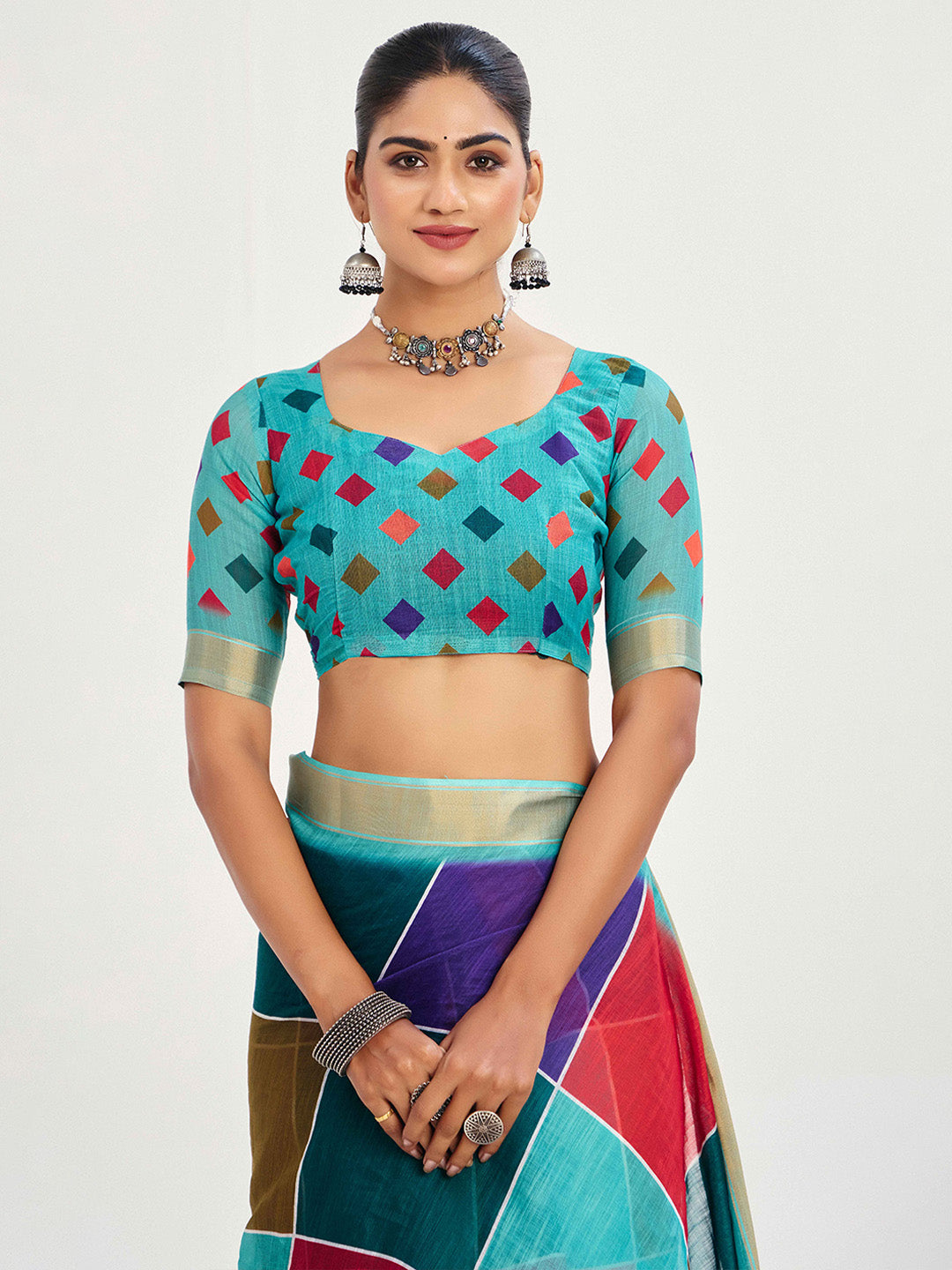 Urban Pallu Checked Silk Blend Fusion Saree