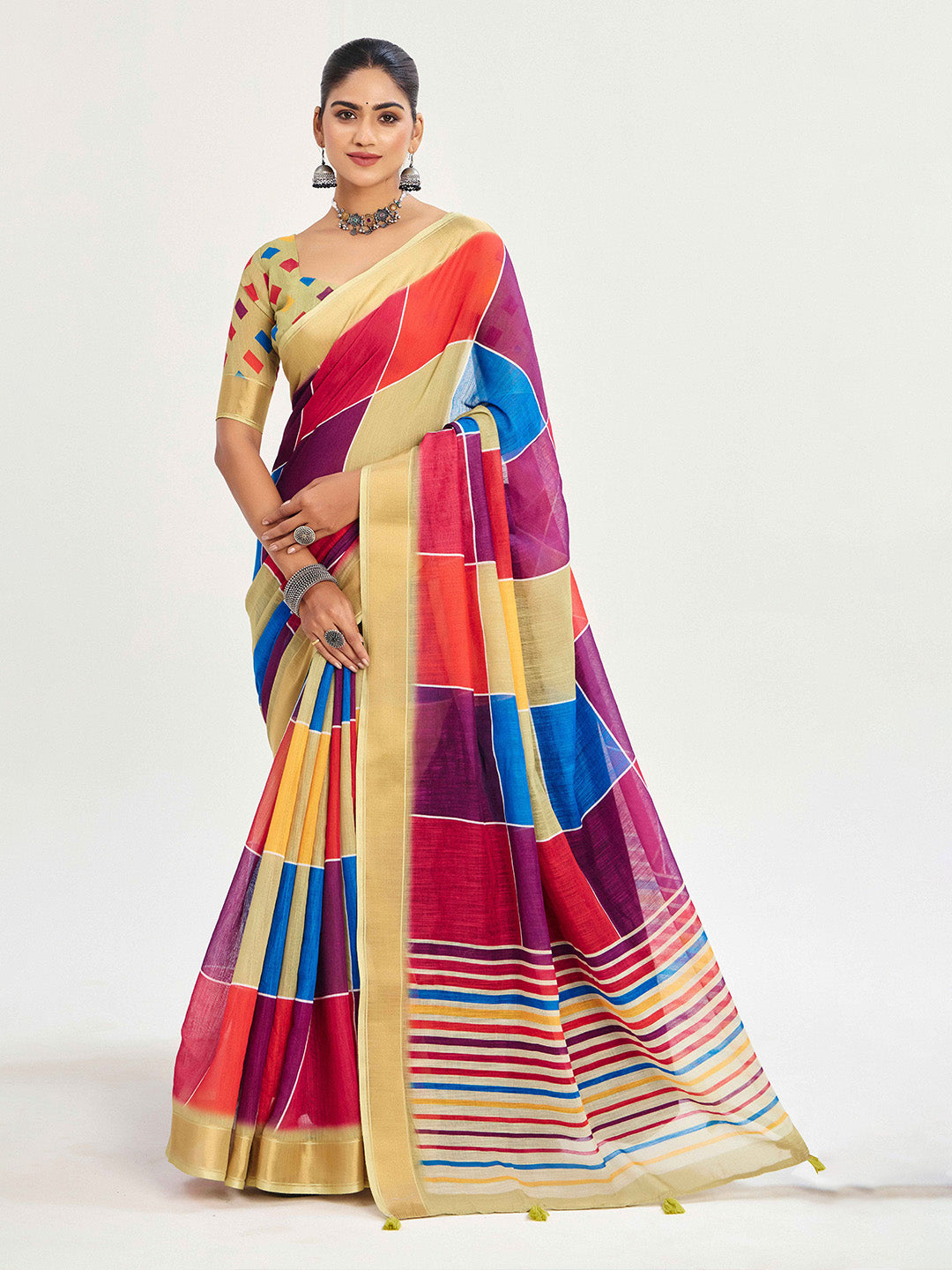 Urban Pallu Checked Silk Blend Fusion Saree
