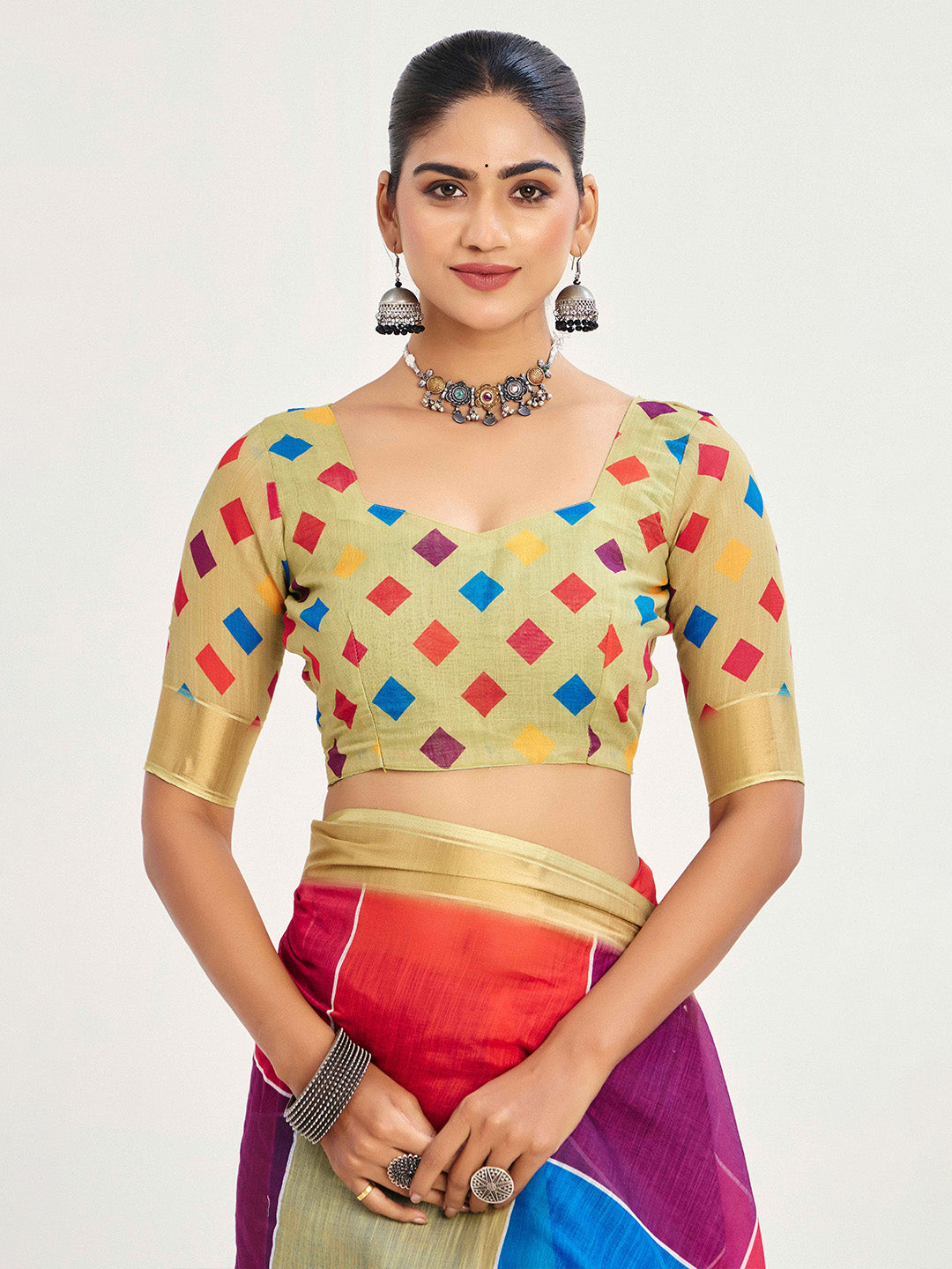 Urban Pallu Checked Silk Blend Fusion Saree