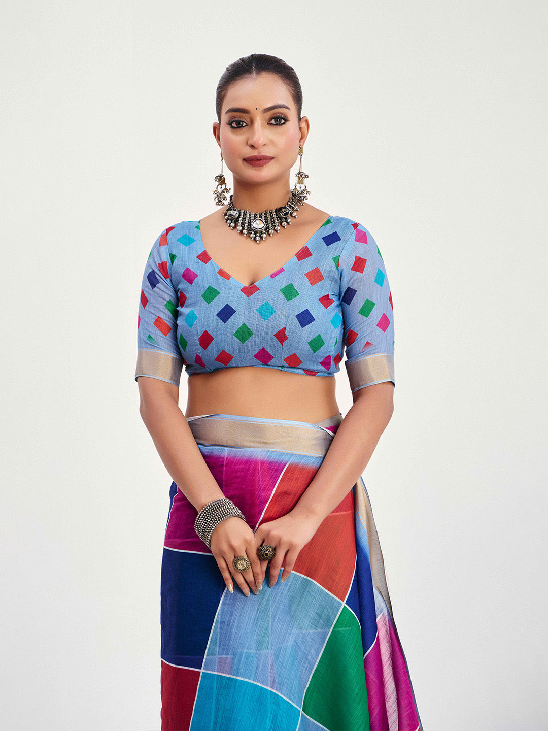 Urban Pallu Checked Silk Blend Fusion Saree