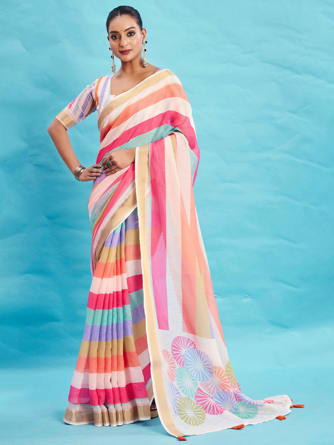 Urban Pallu Striped Silk Blend Fusion Saree