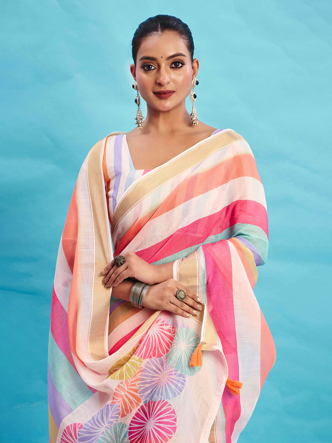 Urban Pallu Striped Silk Blend Fusion Saree