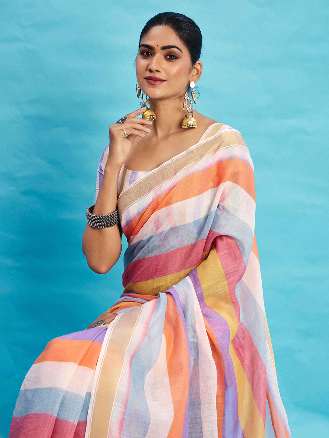 Urban Pallu Striped Silk Blend Fusion Saree