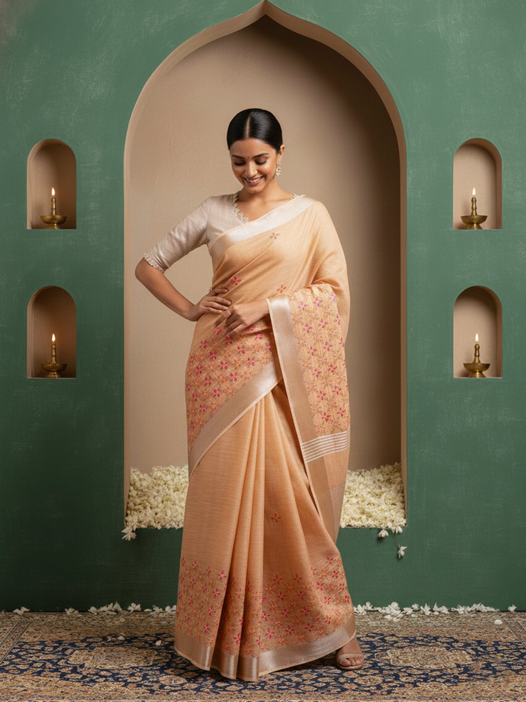 Urban Pallu Floral Sequinned Silk Blend Fusion Saree