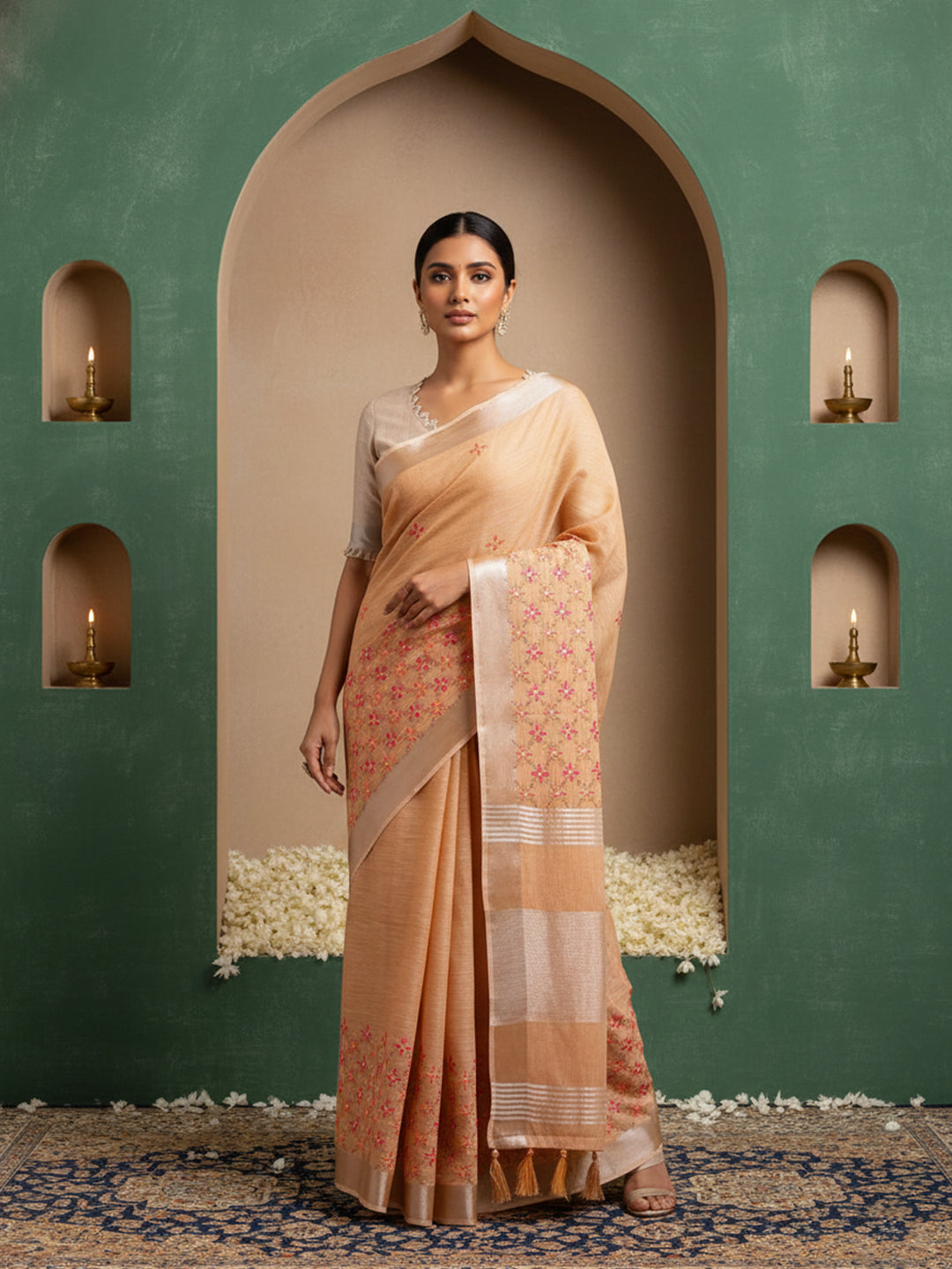 Urban Pallu Floral Sequinned Silk Blend Fusion Saree