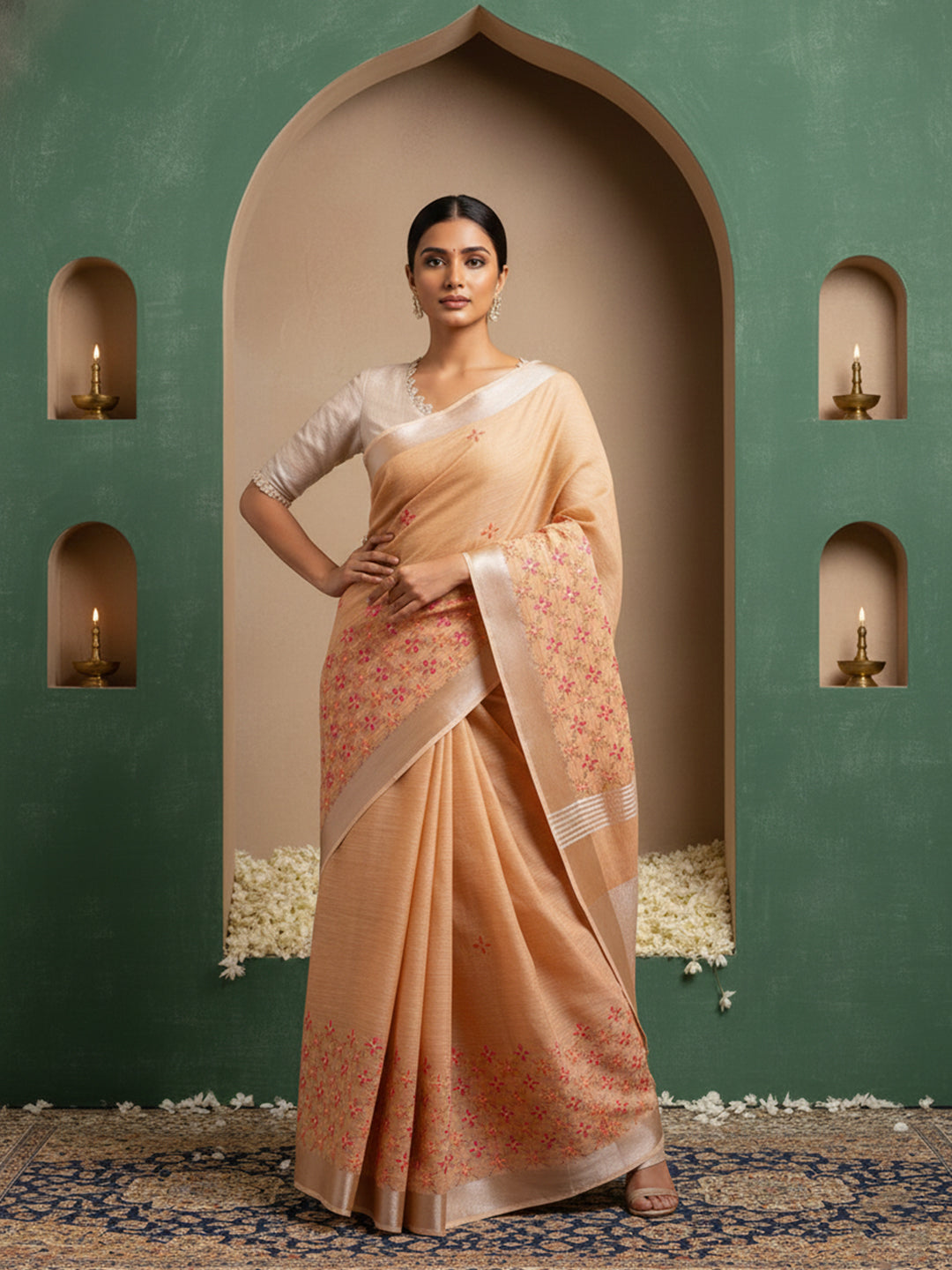 Urban Pallu Floral Sequinned Silk Blend Fusion Saree