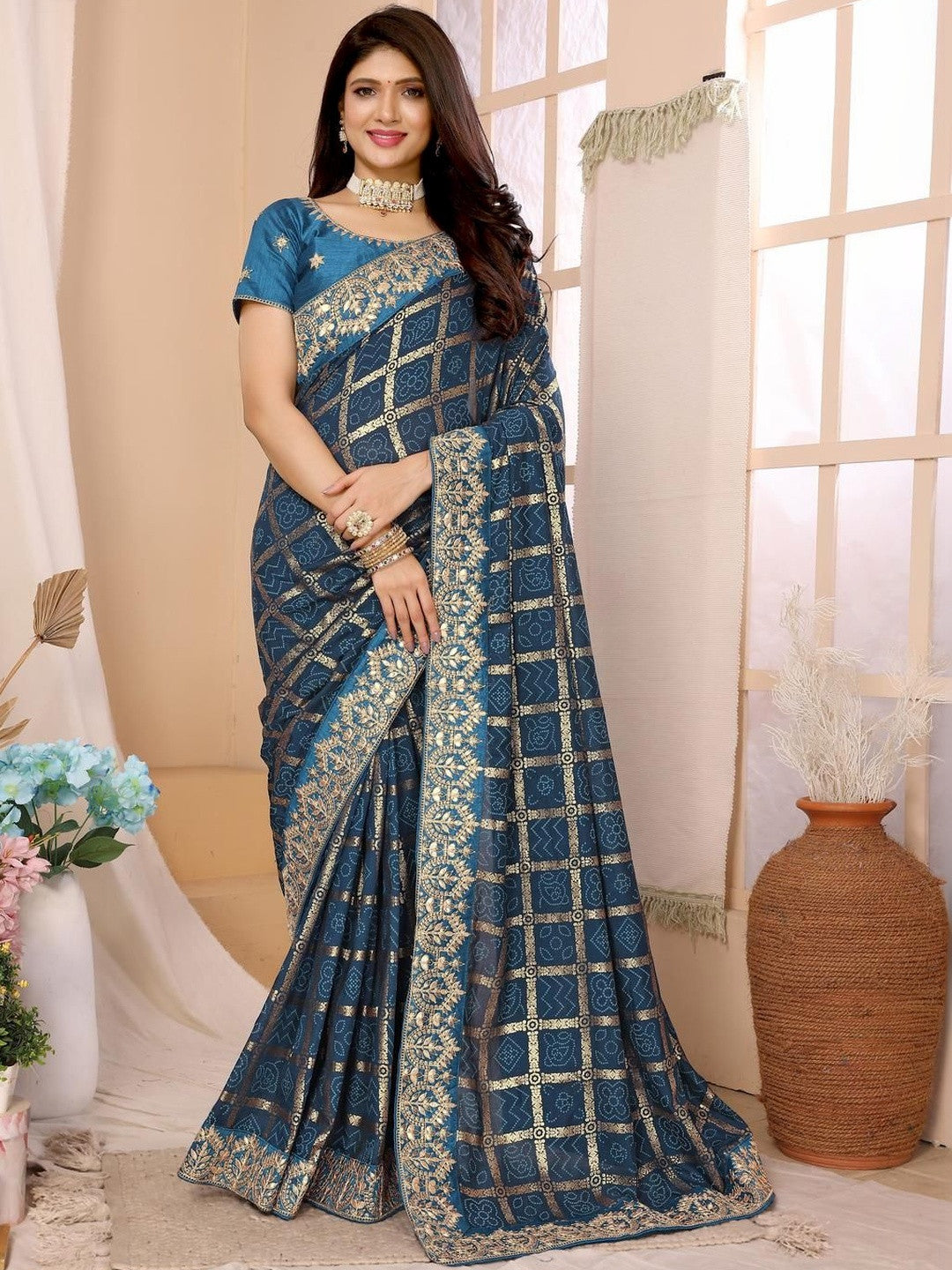 Urban Pallu Floral Sequinned Silk Blend Fusion Saree