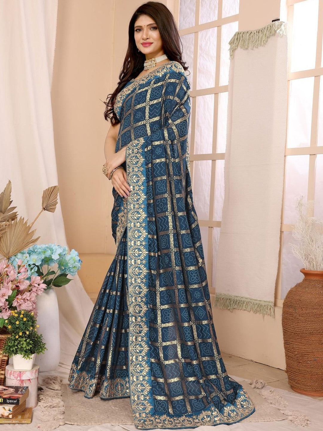 Urban Pallu Floral Sequinned Silk Blend Fusion Saree
