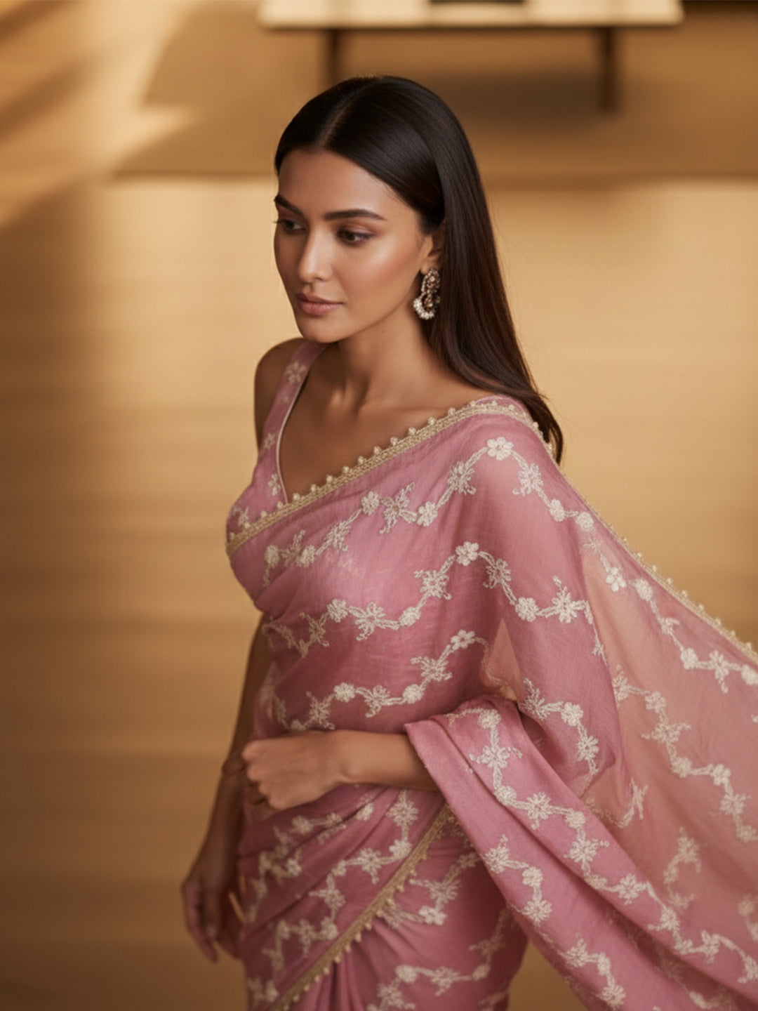Urban Pallu Floral Sequinned Silk Blend Fusion Saree