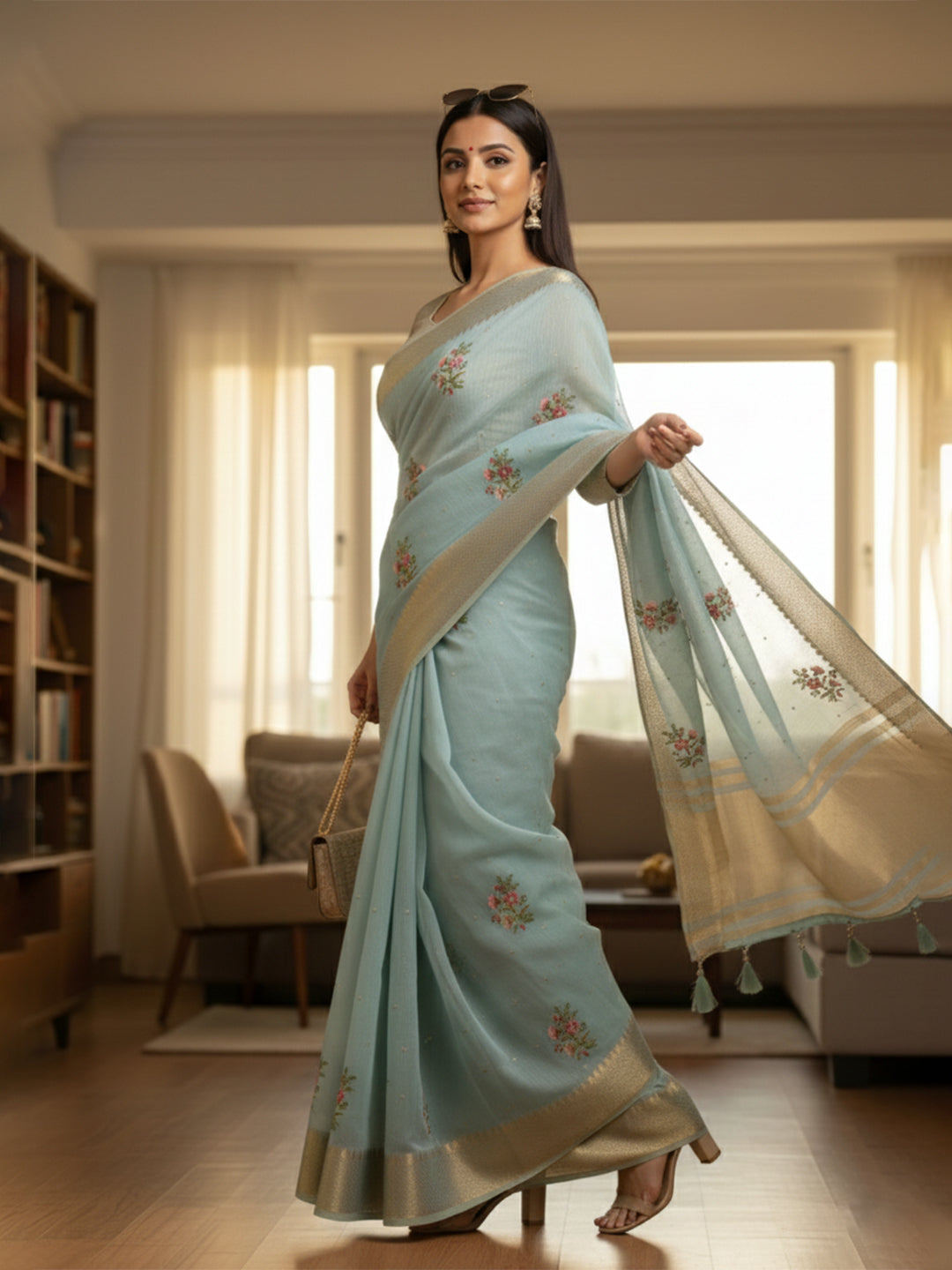 Urban Pallu Floral Sequinned Silk Blend Fusion Saree