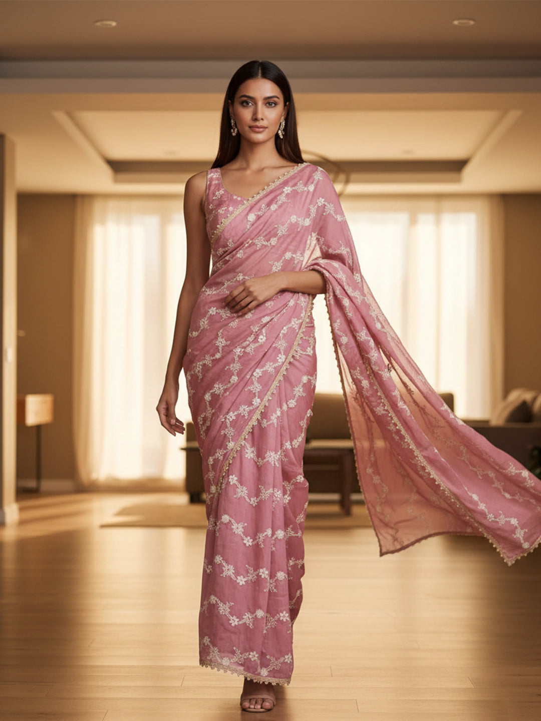 Urban Pallu Floral Sequinned Silk Blend Fusion Saree