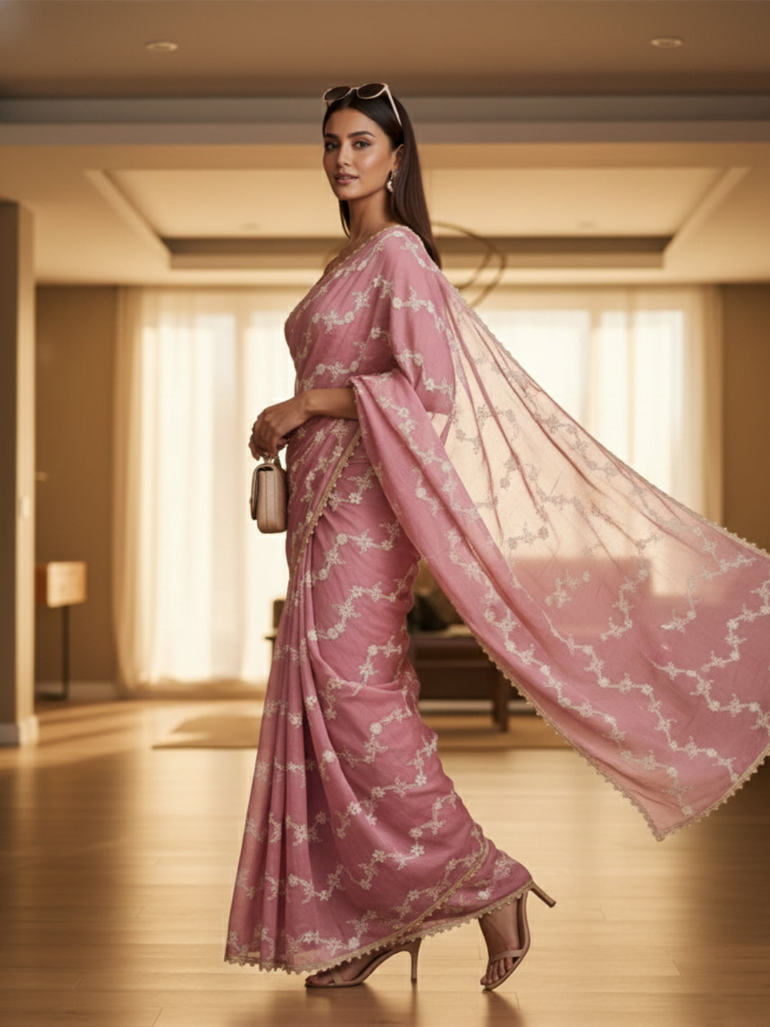 Urban Pallu Floral Sequinned Silk Blend Fusion Saree