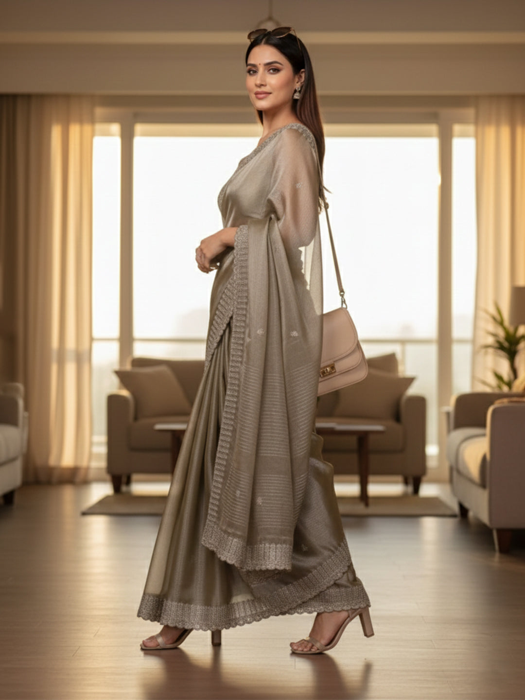 Urban Pallu Floral Sequinned Silk Blend Fusion Saree