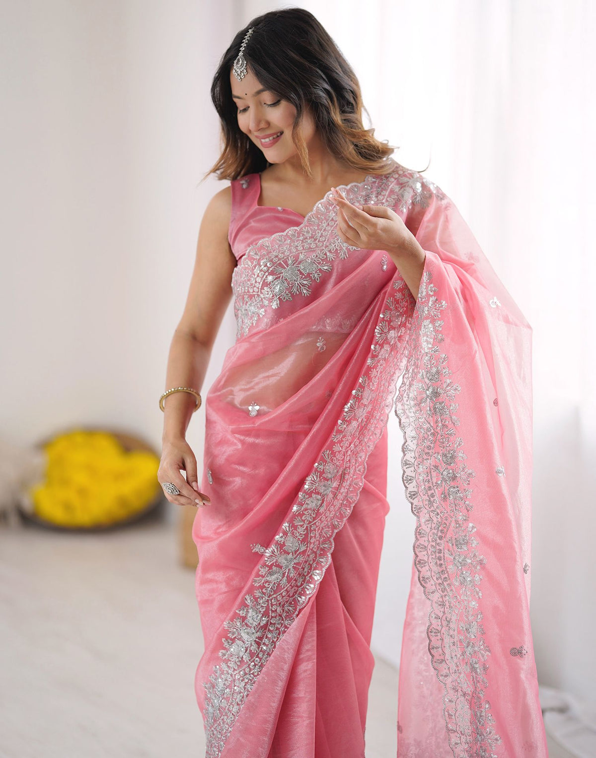 Urban Pallu Solid Organza Festive Saree
