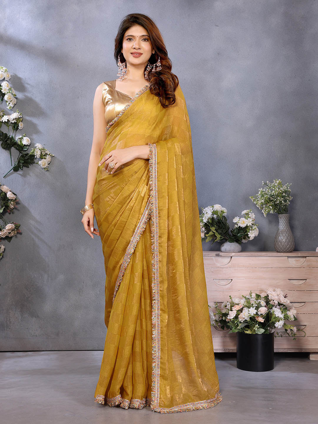 Urban Pallu Floral Sequinned Silk Blend Fusion Saree