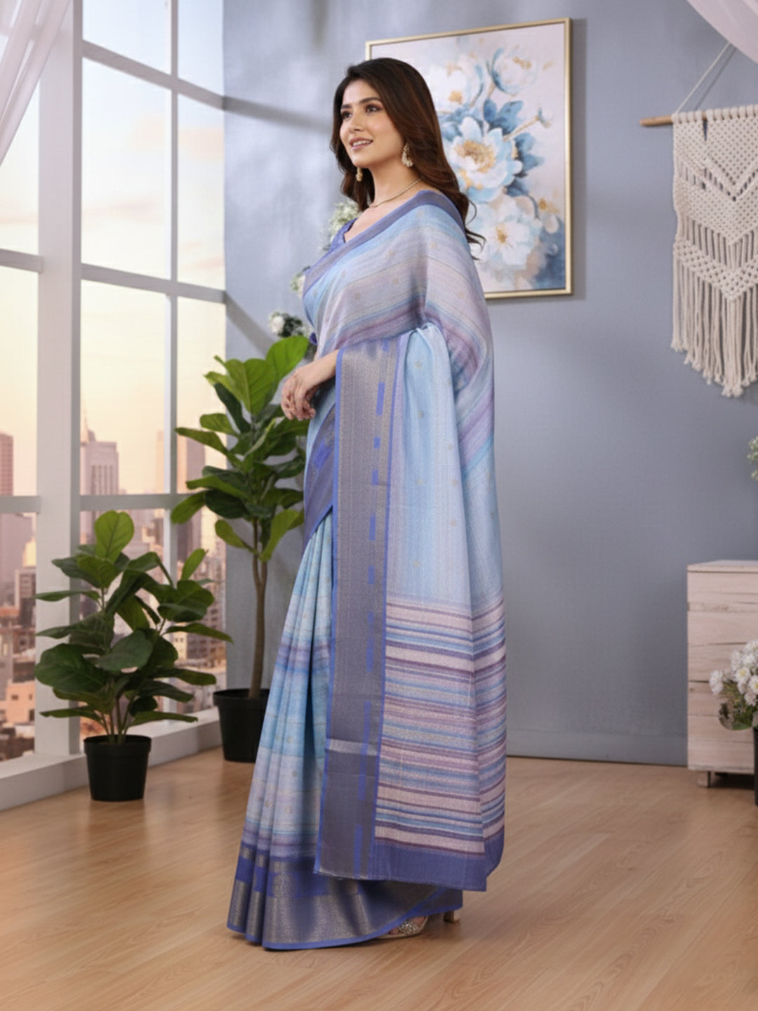 Urban Pallu Floral Sequinned Silk Blend Fusion Saree