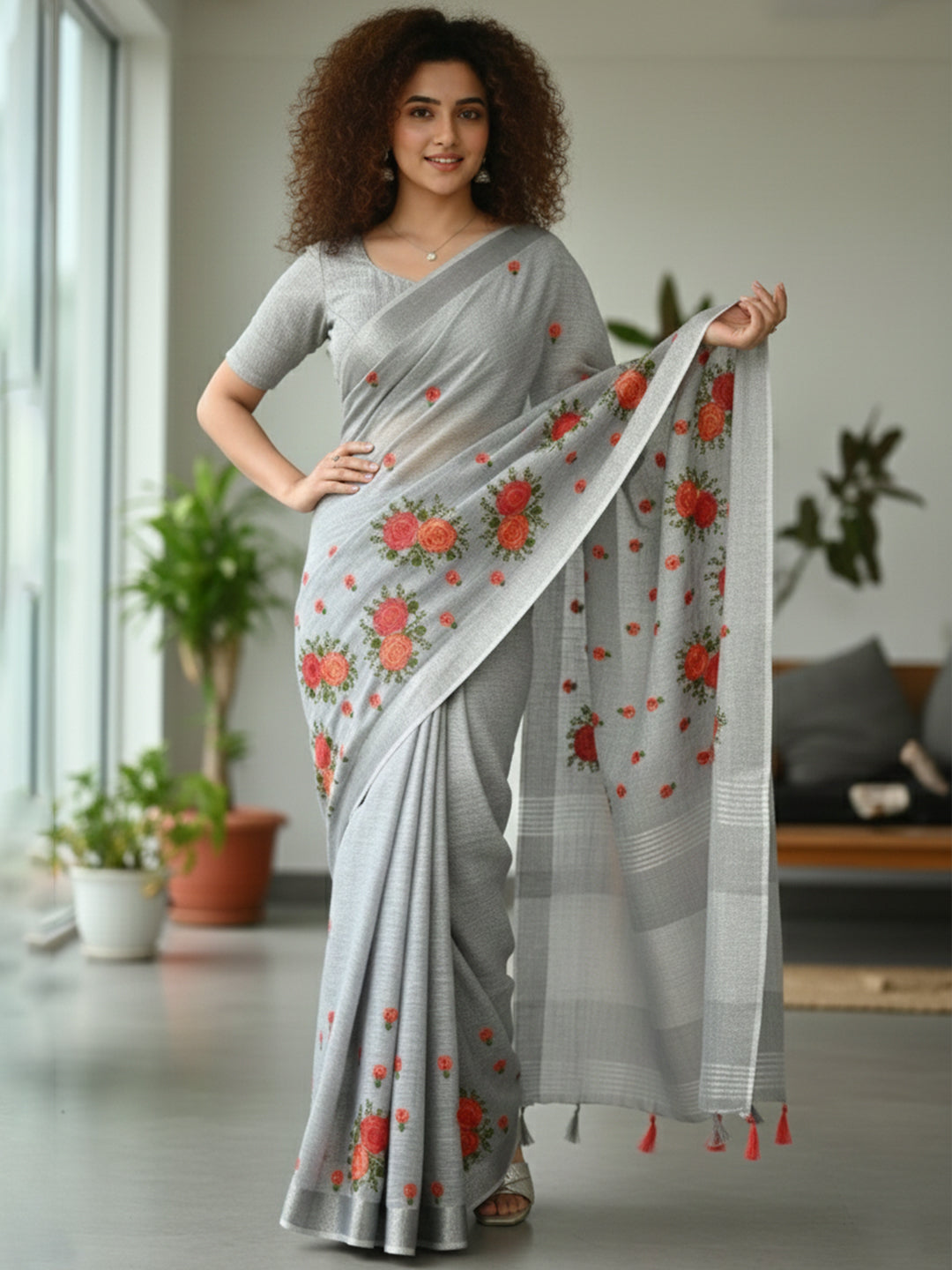 Urban Pallu Floral Sequinned Silk Blend Fusion Saree
