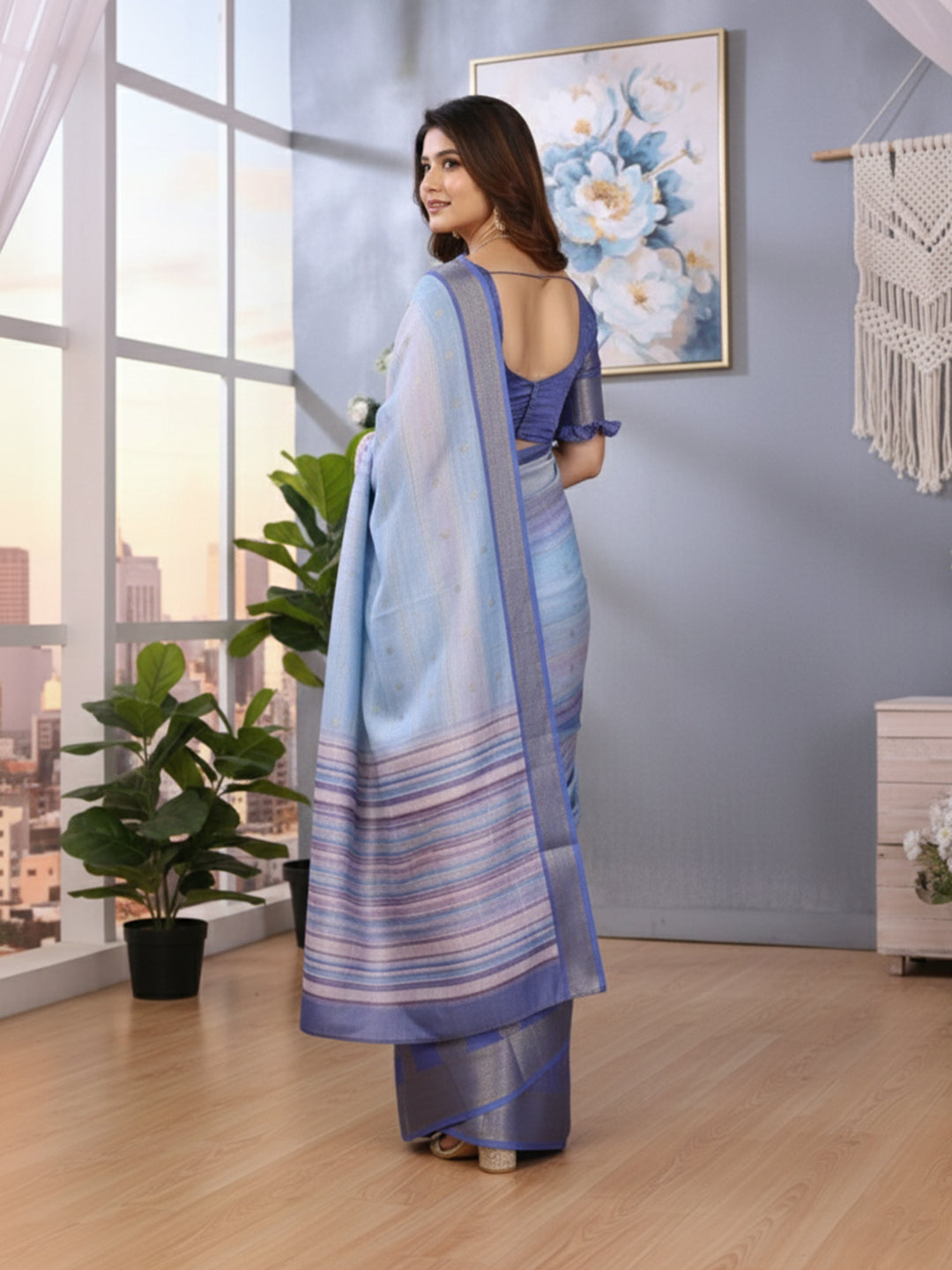 Urban Pallu Floral Sequinned Silk Blend Fusion Saree