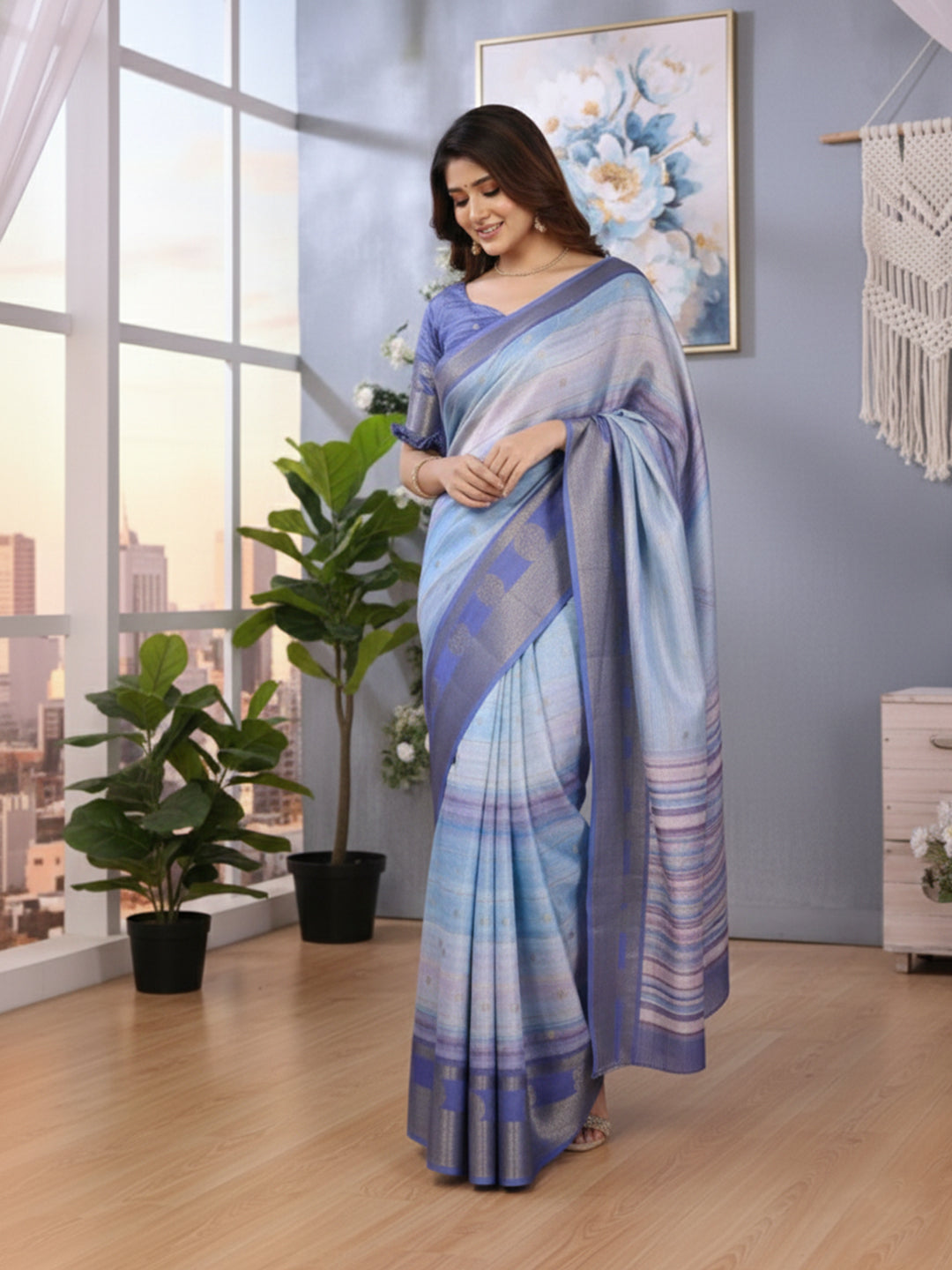 Urban Pallu Floral Sequinned Silk Blend Fusion Saree