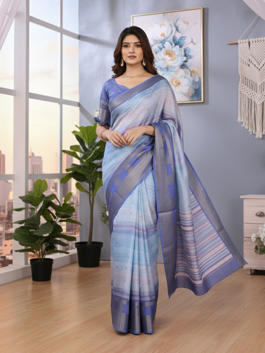 Urban Pallu Floral Sequinned Silk Blend Fusion Saree