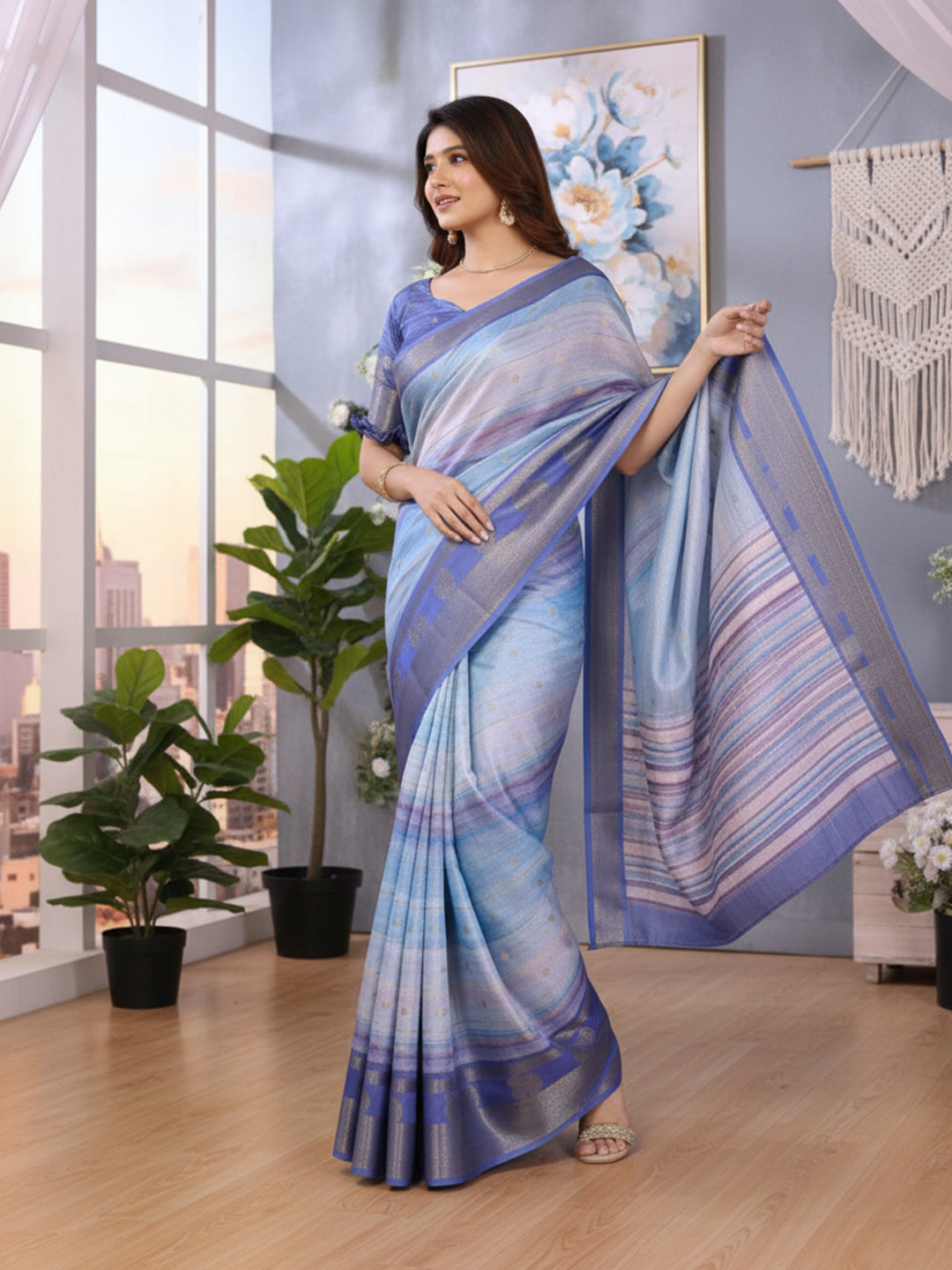 Urban Pallu Floral Sequinned Silk Blend Fusion Saree
