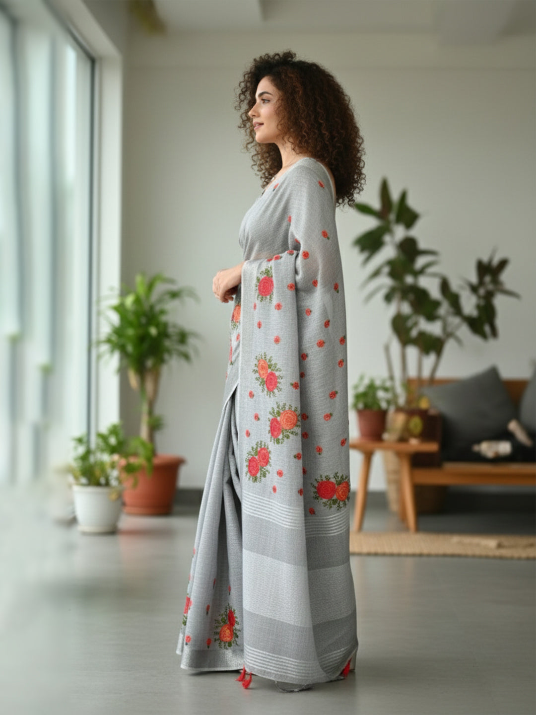 Urban Pallu Floral Sequinned Silk Blend Fusion Saree